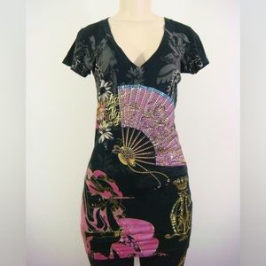 Christian Audigier Women Black Rhinestones Geisha Short Sleeve V Neck Shirt